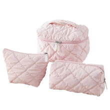 3 Taschen gesteppte Make-up-Taschen große Baumwolle für Reisetoilettenartikel und handgemachte Kawaii-Tasche Pink