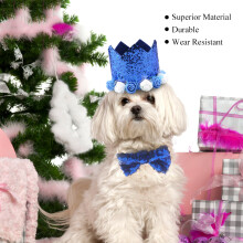 Shiny Flower Crown Pet Hat & Bow Tie Set for Dogs & Cats, Adjustable, Sapphire