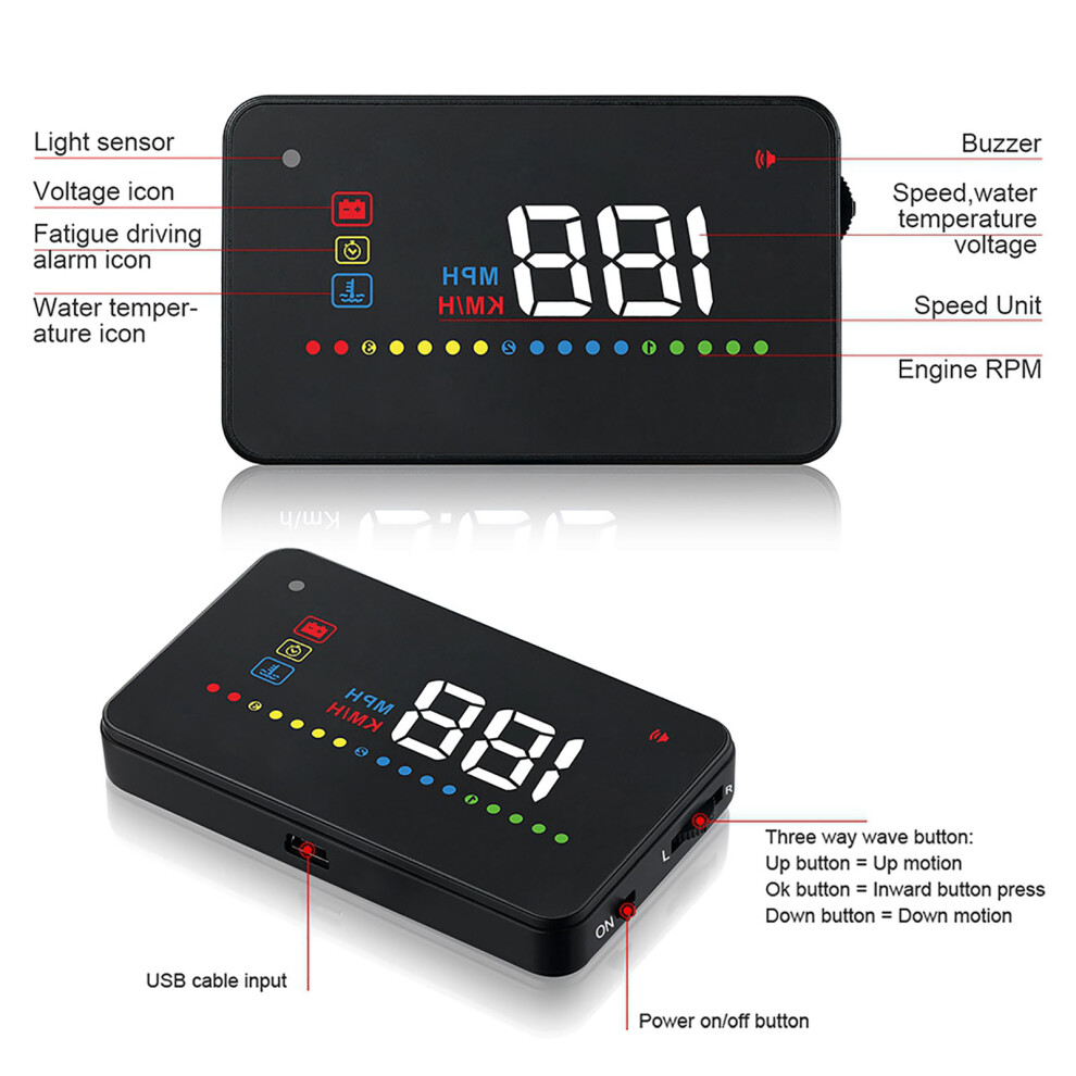 A200 Hud 3.5In Car Speedometer Obd2 Windshield Projection Black 9471393293354