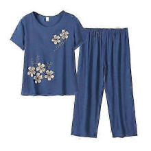 2 PCs/Set Damenoberhosen Set O-Ausschnitt Blumenmuster Grandma Style Elastische Taille Sommerpyjamas Set für den Alltag
