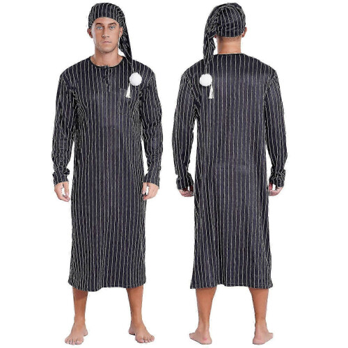 Camicia da notte Henley da uomo camicia da notte a righe a maniche lunghe con cappello da notte