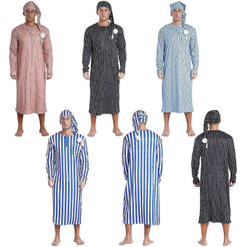 Camicia da notte Henley da uomo camicia da notte a righe a maniche lunghe con cappello da notte 1