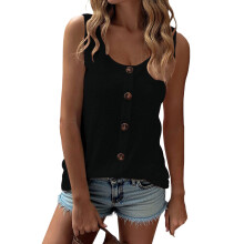Women's Color Button-Up Round Neck Sleeveless Loose-Black XL