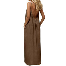 Backless dress, backless loungewear with pockets,-Brown L