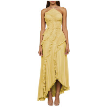 Lotuses Edge Long Dress Sleeveless Halter Tiered-Yellow S