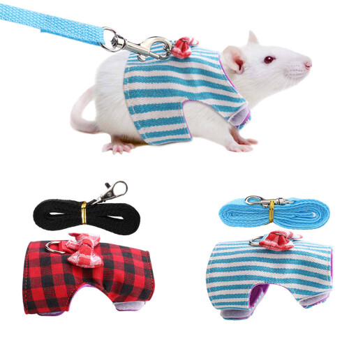 Small Animals Traction Rope Chest Strap Set, Red Grid & Blue Stripes, Adjustable Sizes 2