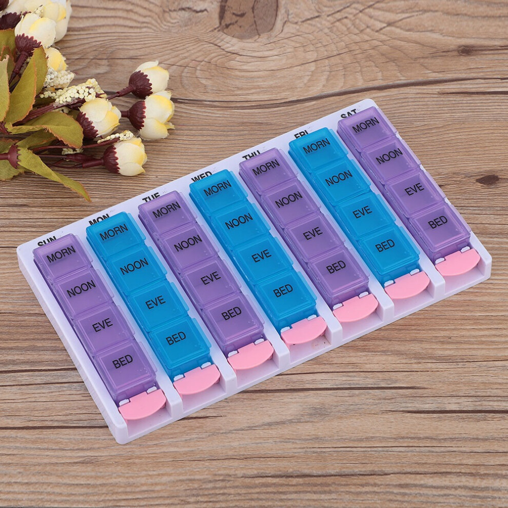 Blue/Purple Seven Day Pill Box With 28 Compartments 4 Times A Day Push Button