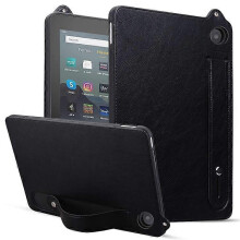(Black) Funda para Fire HD 8 (2024/2020) con correa de mano, soporte y cubierta de cuero.