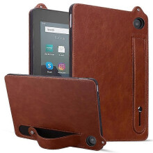 (Brown) Funda para Fire HD 8 (2024/2020) con correa de mano, soporte y cubierta de cuero.