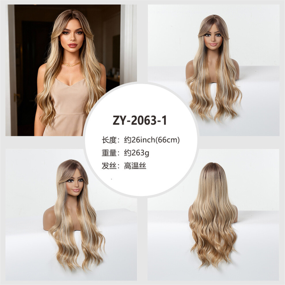 Unisex Golden (B) Highlight Layered Middle-Part Women's Wig, Long Wavy Curly Hair