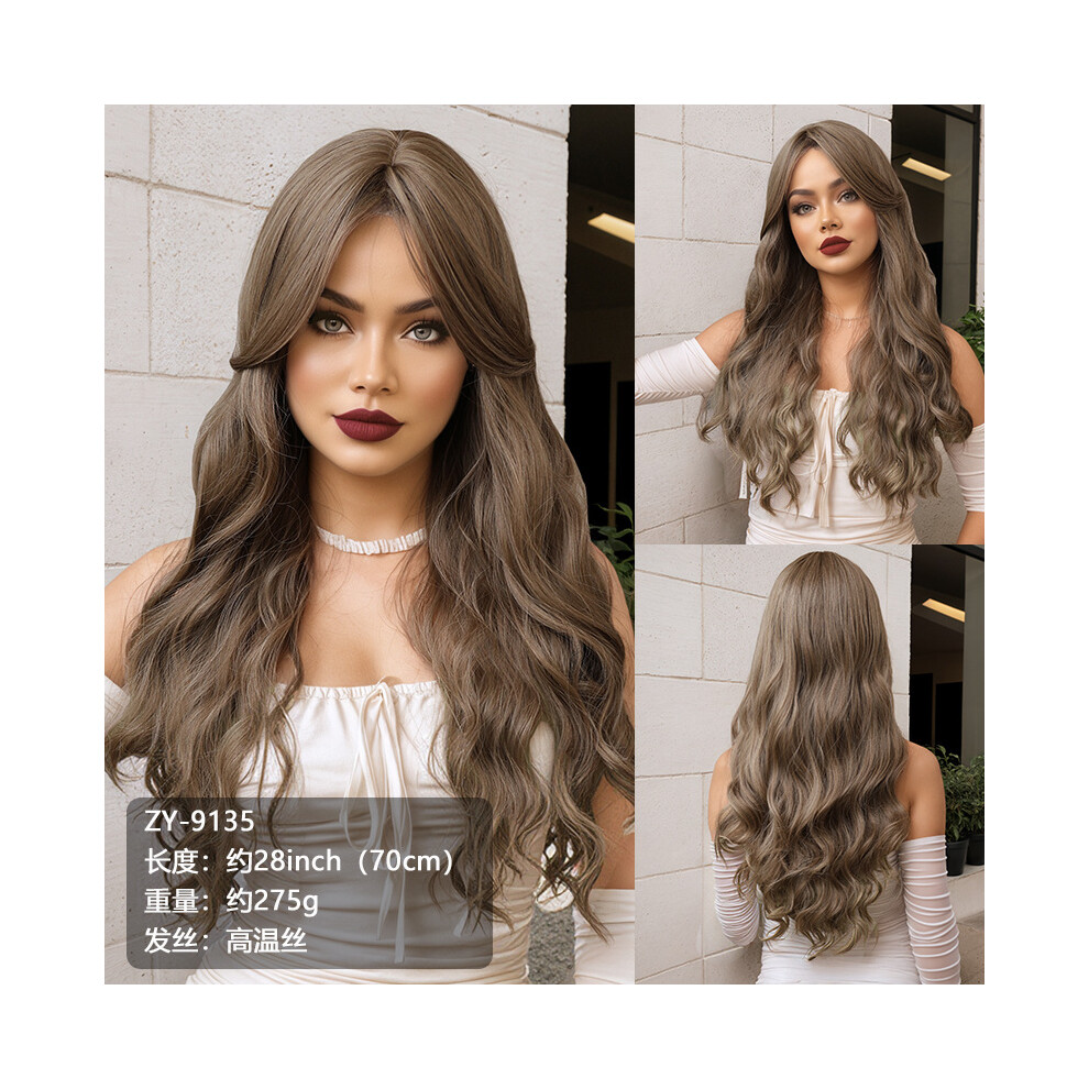 (D) Wavy Curly Fluffy Wig for Asian Streamers, Middle Part Wig for Women