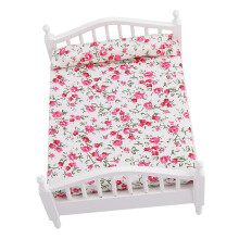 Dollhouse Mini Furniture Double Bed 1/12 Scale with Floral Pattern for Kids