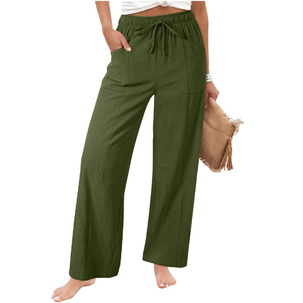 Womens Casual Linen High Waist Pants Loose Fit  -Army Green M