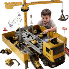 Set di giocattoli da costruzione in lega per bambini dai 3 ai 7 anni con gru, escavatore, bulldozer, betoniera e camion ribaltabile.