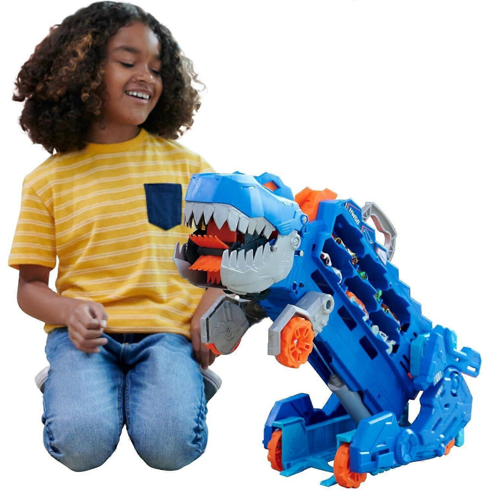 Hot Wheels T-Rex Transporter Track Set: Transforming Dino Hauler & Race Track