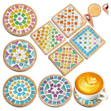 8 Sets DIY Glass Mosaic Tile Crafts, Mixed Color Mosaic Kits with Wooden Coasters