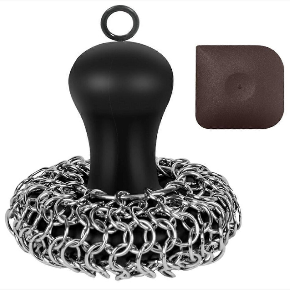 Upgraded 316 Chainmail Scrubber with Handle, Cast Iron Cleaner