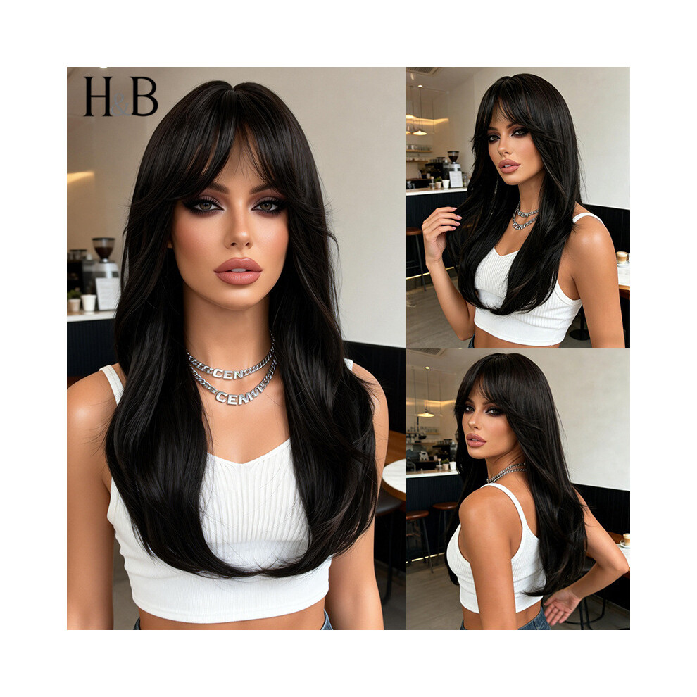 Unisex Black Realistic Middle-Part 8-Character Bangs Wig For Women