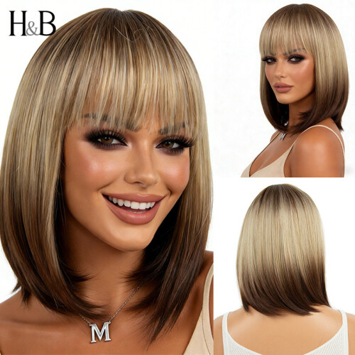 Brown Gradient Bob Wig with Straight Bangs, Breathable Summer Hair