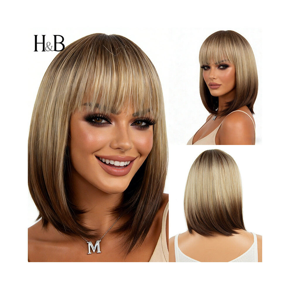 Unisex Brown Gradient Bob Wig With Straight Bangs, Breathable Summer Hair