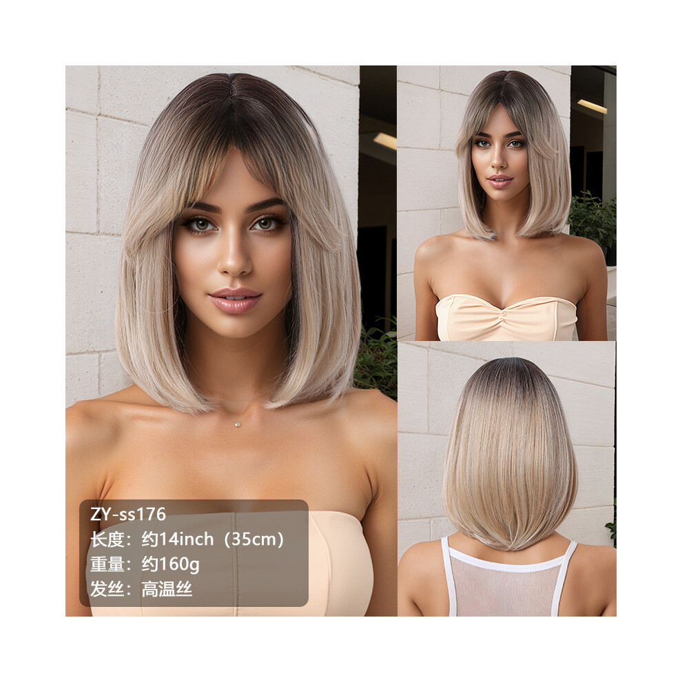 Short Inward Curl Wig, Bob Cut with High-Temp Fiber Dyed Top