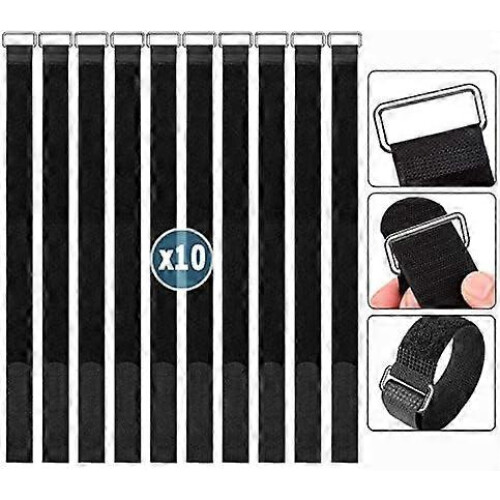 Velcro Cable Ties 50cm, 10-Pack Reusable Self-Grip Straps, Adjustable Nylon Black