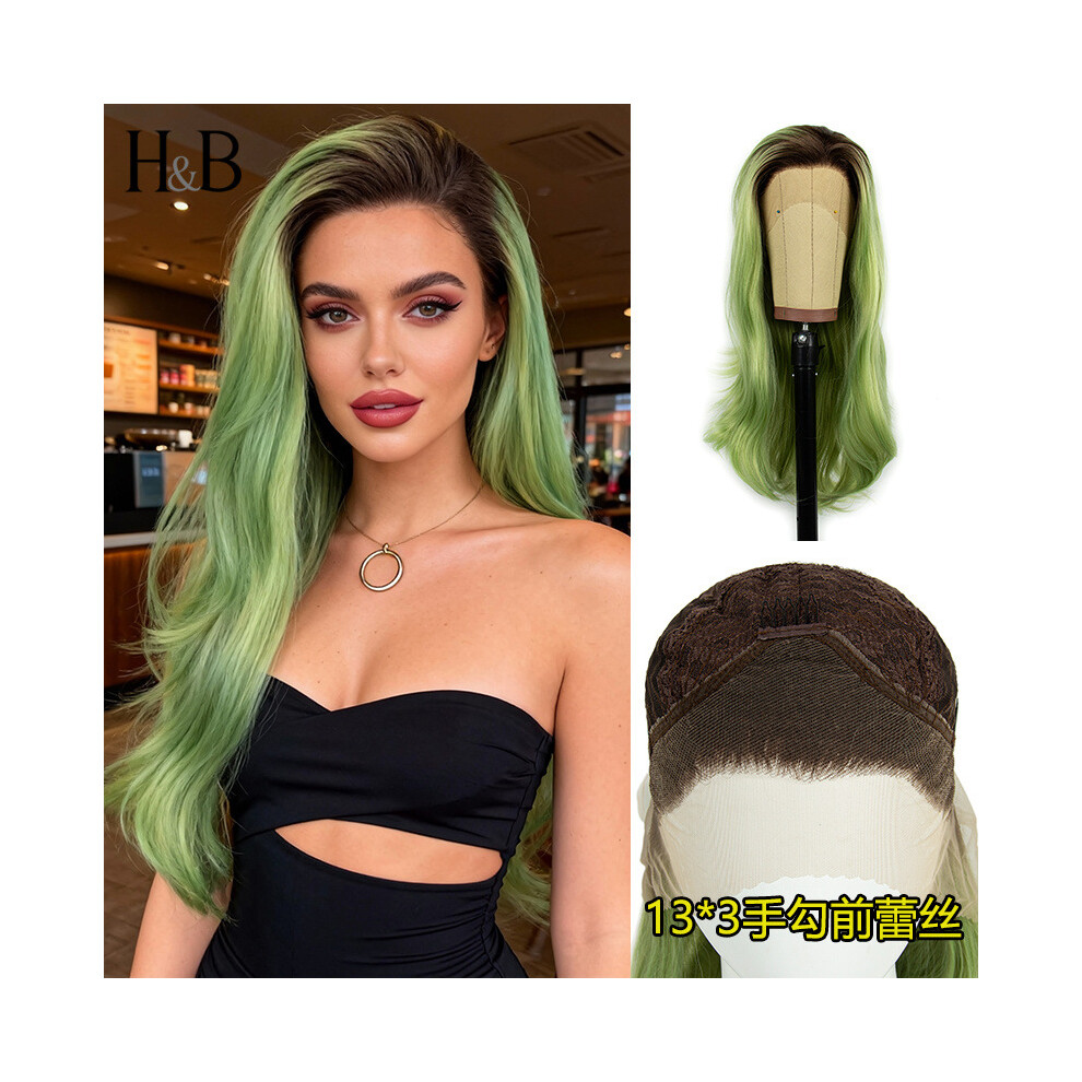 Unisex Green Root Gradient Wig, Hand-Tied Lace Front, High-Temp Silk Wig For Women