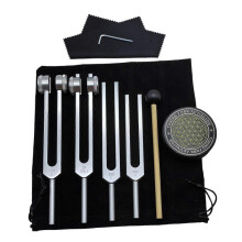 Set di diapason terapeutici: 128Hz, 136Hz, 256Hz, 384Hz e attivatore a forma di disco da hockey per la terapia del suono.