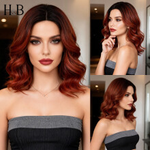 Youthful Short Hair Wig for Women: Black & Red Middle-Part Bob for Round & Square Faces, Full Synthetic