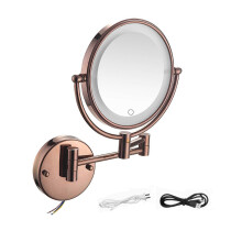 Espejo de maquillaje LED de pared, aumento de 10X, doble cara, cableado, oro rosa, giratorio 360.