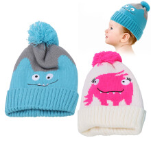 2Pcs Toddler Baby Wool Knit Monster Pattern Bonnet Beanie Winter Warm (Blue/White)