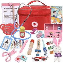 (A 21 Pcs) Children's Wooden Dentist Doctor Pretend Play Set Nurse Character Action Game Set Boys and Girls 21 Piece Set