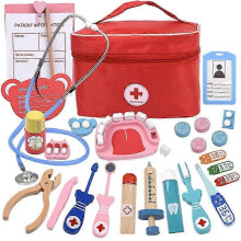 (C 21 Pcs) Children's Wooden Dentist Doctor Pretend Play Set Nurse Character Action Game Set Boys and Girls 21 Piece Set