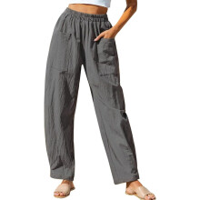Women's Elastic Waist Wide Leg Loose Pants with Pockets-Gray XL