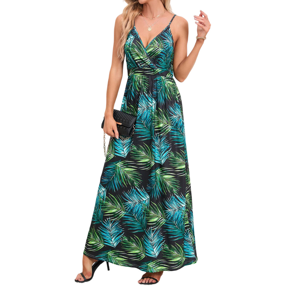 Green Women's Long Dress, Bohemian Floral Print V-Neck Long- S