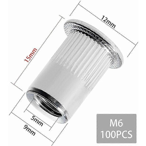 100pcs M6 Flat Head Threaded Rivet Nut, Stainless Steel Threaded Rivet Nuts, Threaded Inserts Assortment for Plastic Mental (12mm  15mm) 1