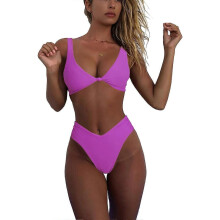 (S, Purple) Bikini Set for Women Solid V Neck Knot Front Push Up High Leg Thong Two Piece Swimsuit
