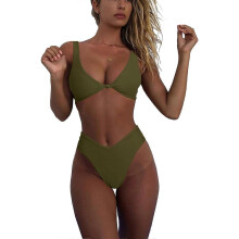 (XS, Army Green) Bikini Set for Women Solid V Neck Knot Front Push Up High Leg Thong Two Piece Swimsuit