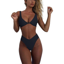 (XS, Black) Bikini Set for Women Solid V Neck Knot Front Push Up High Leg Thong Two Piece Swimsuit