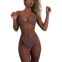 (XL, Coffee) Bikini Set for Women Solid V Neck Knot Front Push Up High Leg Thong Two Piece Swimsuit