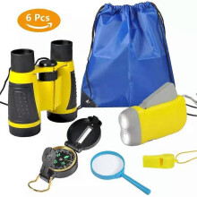 (Yellow) Adventure Kid Outdoor Exploration Kit  Backpack Binoculars Magnifying Glass Lensatic Compass Torch Fox Whistle