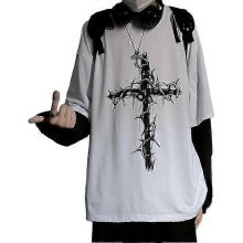 (XL,White)Men Women Gothic Shirt Y2K Emo Grunge Alt Vintage Long Sleeve Top Tee Dark Academia Harajuku Cross Sweatshirt Clothes