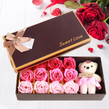 Pink Rose Flower Soap & Plush Bear Gift Set Romantic Valentine's Day in Box