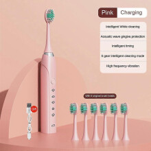 (6 heads, pink) Gift Home Vibration Soft Hair Toothbrush Rechargeable Automatic Ultrasonic Adult