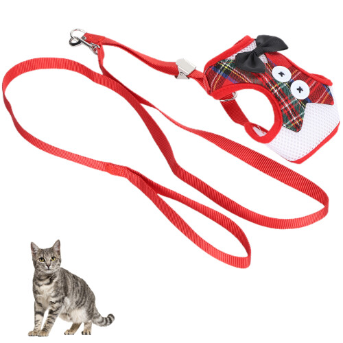 Red Grid Cat Vest with Adjustable Leash Escape-Proof Strap (S)