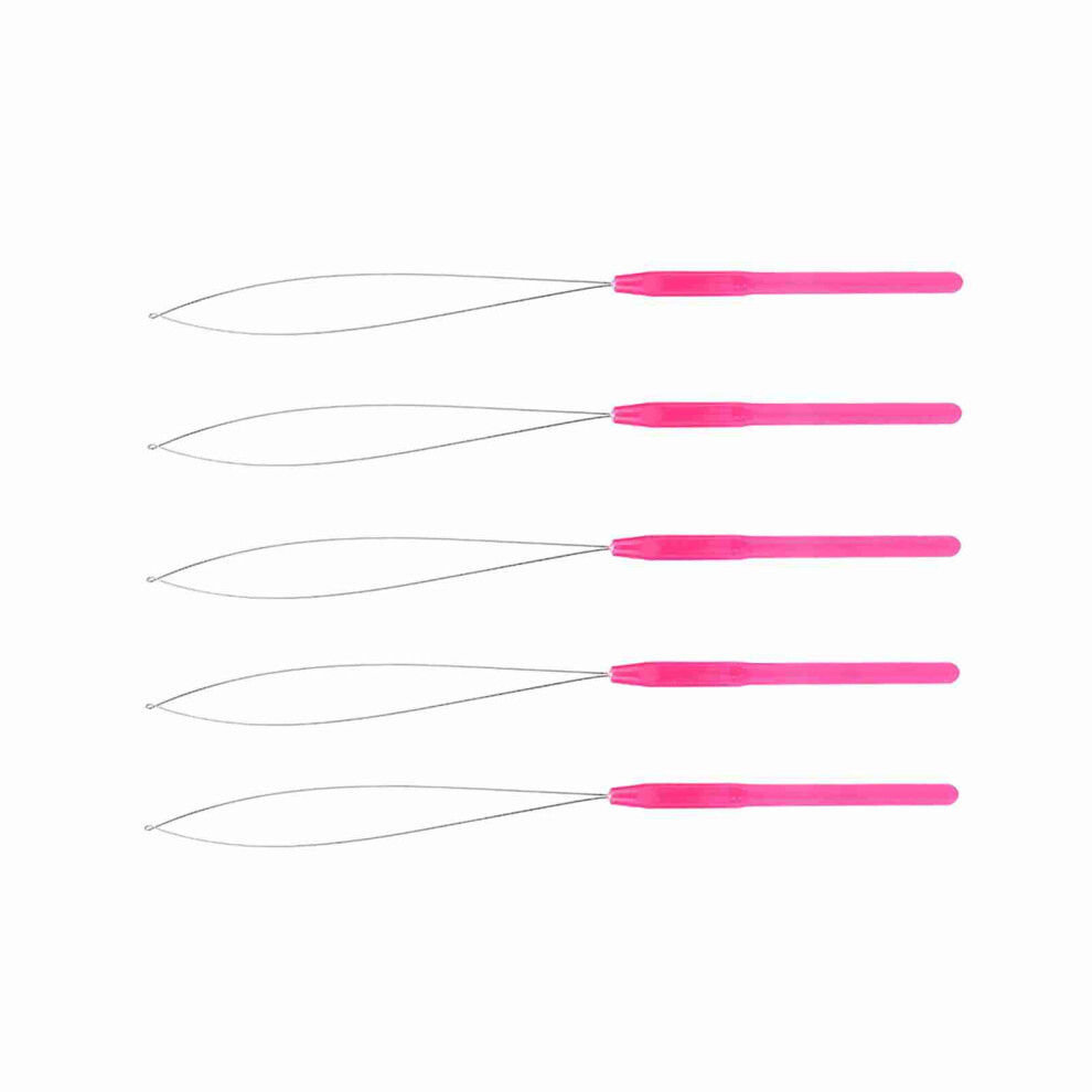 Unisex Pink Plastic Handle Pulling Loop Needle Set For Micro Bead Hair Extensions (5Pcs)