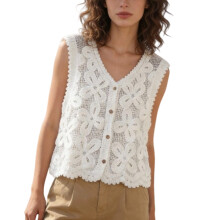 Elegant Mesh V Neck Vest Floral Embroidery Breathable-White os