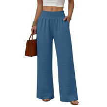 Women's High Wide-Leg Pants with Pockets, Casual-Blue XXL