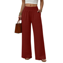 Women's High Wide-Leg Pants with Pockets, Casual-Burgundy M
