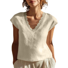Linen Top for Women Lace Trim V Neck Cotton Gauze-Beige M